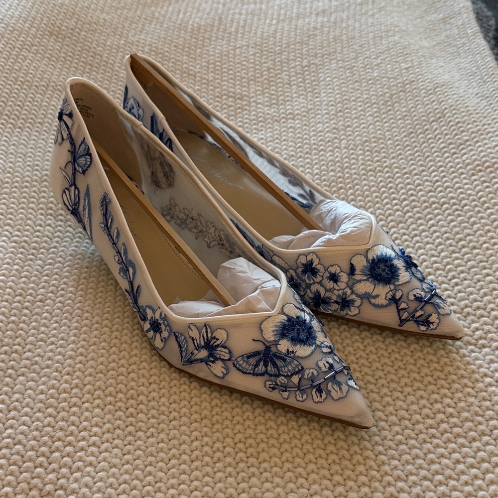 Betsey Johnson Embroidered Blue Floral Embroidered Pumps